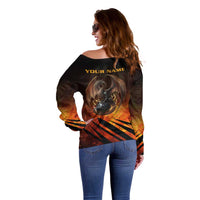 Custom Fiery Dragon Bowling Off Shoulder Sweater with Flaming Ball and Hexagon Flame Pattern - Wonder Print Shop
