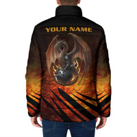 Custom Fiery Dragon Bowling Padded Jacket with Flaming Ball and Hexagon Flame Pattern - Wonder Print Shop