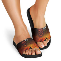 Custom Fiery Dragon Bowling Slide Sandals with Flaming Ball and Hexagon Flame Pattern - Wonder Print Shop