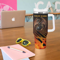 Custom Fiery Dragon Bowling Tumbler With Handle with Flaming Ball and Hexagon Flame Pattern - Wonder Print Shop