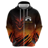 Custom Fiery Dragon Bowling Zip Hoodie with Flaming Ball and Hexagon Flame Pattern - Wonder Print Shop