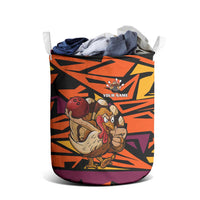 Custom Turkey Bowling Laundry Basket with Cartoon Turkey Striker and Orange Geometric Pattern - Wonder Print Shop