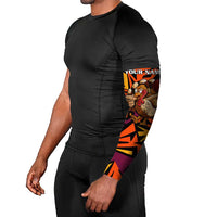 Custom Turkey Bowling Arm Sleeves with Cartoon Turkey Striker and Orange Geometric Pattern - Wonder Print Shop