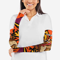 Custom Turkey Bowling Arm Sleeves with Cartoon Turkey Striker and Orange Geometric Pattern - Wonder Print Shop