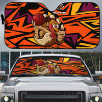 Custom Turkey Bowling Auto Sun Shade with Cartoon Turkey Striker and Orange Geometric Pattern - Wonder Print Shop