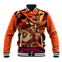 Custom Turkey Bowling Baseball Jacket with Cartoon Turkey Striker and Orange Geometric Pattern - Wonder Print Shop