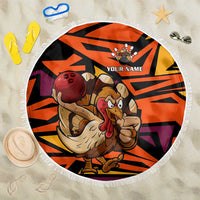 Custom Turkey Bowling Beach Blanket with Cartoon Turkey Striker and Orange Geometric Pattern - Wonder Print Shop