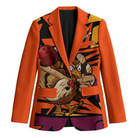 Custom Turkey Bowling Blazer with Cartoon Turkey Striker and Orange Geometric Pattern - Wonder Print Shop