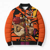 Custom Turkey Bowling Bomber Puffer Jacket with Cartoon Turkey Striker and Orange Geometric Pattern - Wonder Print Shop