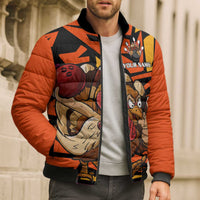 Custom Turkey Bowling Bomber Puffer Jacket with Cartoon Turkey Striker and Orange Geometric Pattern - Wonder Print Shop