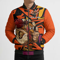 Custom Turkey Bowling Bomber Puffer Jacket with Cartoon Turkey Striker and Orange Geometric Pattern - Wonder Print Shop