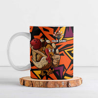 Custom Turkey Bowling Ceramic Mug with Cartoon Turkey Striker and Orange Geometric Pattern - Wonder Print Shop