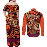 Custom Turkey Bowling Couples Matching Off Shoulder Maxi Dress and Long Sleeve Button Shirt with Cartoon Turkey Striker and Orange Geometric Pattern - Wonder Print Shop