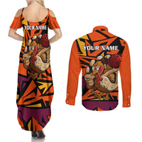 Custom Turkey Bowling Couples Matching Summer Maxi Dress and Long Sleeve Button Shirt with Cartoon Turkey Striker and Orange Geometric Pattern - Wonder Print Shop