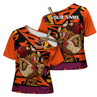 Custom Turkey Bowling Cross Shoulder Shirt with Cartoon Turkey Striker and Orange Geometric Pattern - Wonder Print Shop