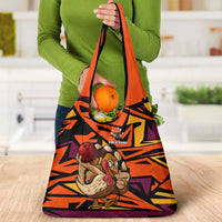 Custom Turkey Bowling Grocery Bag with Cartoon Turkey Striker and Orange Geometric Pattern - Wonder Print Shop