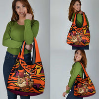 Custom Turkey Bowling Grocery Bag with Cartoon Turkey Striker and Orange Geometric Pattern - Wonder Print Shop