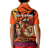 Custom Turkey Bowling Kid Polo Shirt with Cartoon Turkey Striker and Orange Geometric Pattern - Wonder Print Shop