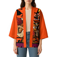 Custom Turkey Bowling Kimono with Cartoon Turkey Striker and Orange Geometric Pattern - Wonder Print Shop