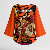 Custom Turkey Bowling Kimono Sleeve Blouse with Cartoon Turkey Striker and Orange Geometric Pattern - Wonder Print Shop