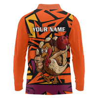 Custom Turkey Bowling Long Sleeve Polo Shirt with Cartoon Turkey Striker and Orange Geometric Pattern - Wonder Print Shop