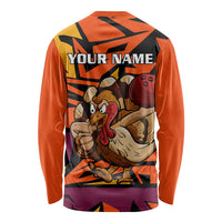 Custom Turkey Bowling Long Sleeve Shirt with Cartoon Turkey Striker and Orange Geometric Pattern - Wonder Print Shop
