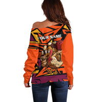Custom Turkey Bowling Off Shoulder Sweater with Cartoon Turkey Striker and Orange Geometric Pattern - Wonder Print Shop