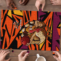 Custom Turkey Bowling Puzzle with Cartoon Turkey Striker and Orange Geometric Pattern - Wonder Print Shop