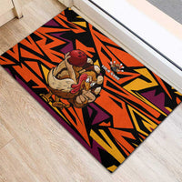 Custom Turkey Bowling Rubber Doormat with Cartoon Turkey Striker and Orange Geometric Pattern - Wonder Print Shop