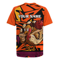 Custom Turkey Bowling Rugby Jersey with Cartoon Turkey Striker and Orange Geometric Pattern - Wonder Print Shop