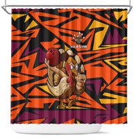 Custom Turkey Bowling Shower Curtain with Cartoon Turkey Striker and Orange Geometric Pattern - Wonder Print Shop