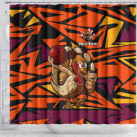 Custom Turkey Bowling Shower Curtain with Cartoon Turkey Striker and Orange Geometric Pattern - Wonder Print Shop