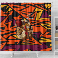 Custom Turkey Bowling Shower Curtain with Cartoon Turkey Striker and Orange Geometric Pattern - Wonder Print Shop