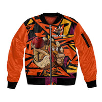 Custom Turkey Bowling Sleeve Zip Bomber Jacket with Cartoon Turkey Striker and Orange Geometric Pattern - Wonder Print Shop