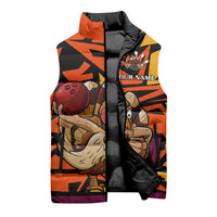 Custom Turkey Bowling Sleeveless Puffer Jacket with Cartoon Turkey Striker and Orange Geometric Pattern - Wonder Print Shop