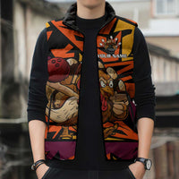 Custom Turkey Bowling Sleeveless Puffer Jacket with Cartoon Turkey Striker and Orange Geometric Pattern - Wonder Print Shop