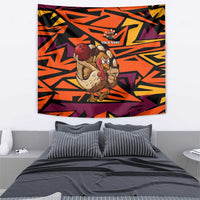 Custom Turkey Bowling Tapestry with Cartoon Turkey Striker and Orange Geometric Pattern - Wonder Print Shop