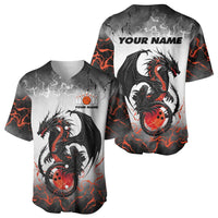 Custom Black Dragon Bowling Baseball Jersey with Fiery Ball and Thunderstorm Lightning Pattern - Wonder Print Shop