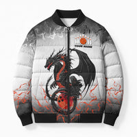 Custom Black Dragon Bowling Bomber Puffer Jacket with Fiery Ball and Thunderstorm Lightning Pattern - Wonder Print Shop