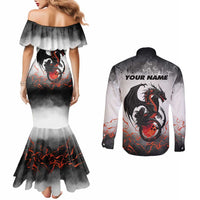 Custom Black Dragon Bowling Couples Matching Mermaid Dress and Long Sleeve Button Shirt with Fiery Ball and Thunderstorm Lightning Pattern - Wonder Print Shop