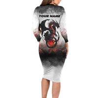 Custom Black Dragon Bowling Long Sleeve Bodycon Dress with Fiery Ball and Thunderstorm Lightning Pattern - Wonder Print Shop