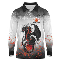 Custom Black Dragon Bowling Long Sleeve Polo Shirt with Fiery Ball and Thunderstorm Lightning Pattern - Wonder Print Shop