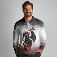Custom Black Dragon Bowling Long Sleeve Polo Shirt with Fiery Ball and Thunderstorm Lightning Pattern - Wonder Print Shop