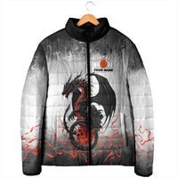 Custom Black Dragon Bowling Padded Jacket with Fiery Ball and Thunderstorm Lightning Pattern - Wonder Print Shop