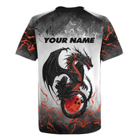 Custom Black Dragon Bowling Rugby Jersey with Fiery Ball and Thunderstorm Lightning Pattern - Wonder Print Shop