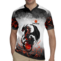 Custom Black Dragon Bowling Rugby Jersey with Fiery Ball and Thunderstorm Lightning Pattern - Wonder Print Shop