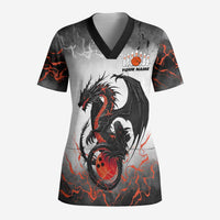 Custom Black Dragon Bowling Scrub Top with Fiery Ball and Thunderstorm Lightning Pattern - Wonder Print Shop
