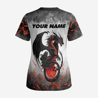 Custom Black Dragon Bowling Scrub Top with Fiery Ball and Thunderstorm Lightning Pattern - Wonder Print Shop