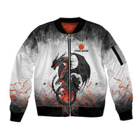 Custom Black Dragon Bowling Sleeve Zip Bomber Jacket with Fiery Ball and Thunderstorm Lightning Pattern - Wonder Print Shop