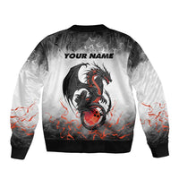 Custom Black Dragon Bowling Sleeve Zip Bomber Jacket with Fiery Ball and Thunderstorm Lightning Pattern - Wonder Print Shop